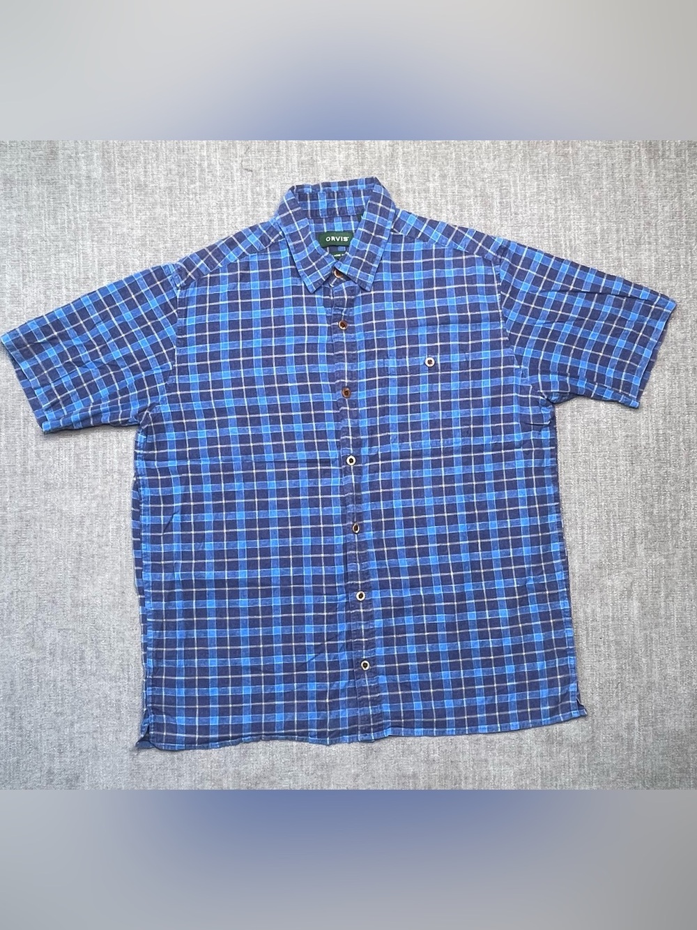 Orvis Shirt Mens L Blue Plaid Hemp Blend Outdoor Classic Fit Short Sleeve
